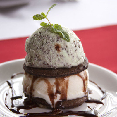 Torre de helado de menta y biscuit de chocolate